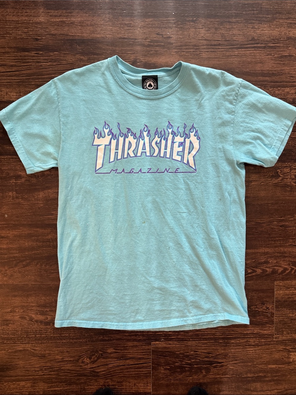 Thrasher Aqua Tee with Purple Flame Logo